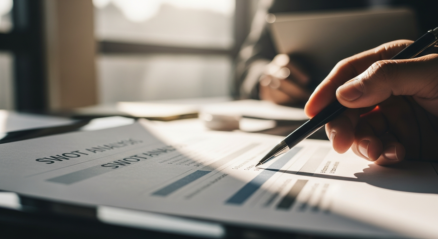 Business owner analyzing SWOT analysis results for strategic planning decisions
