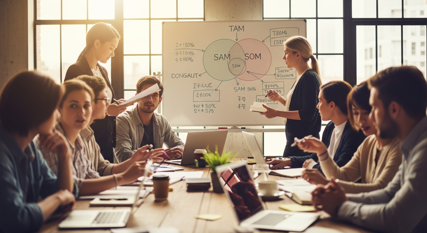 TAM SAM SOM market sizing pyramid diagram showing total addressable market narrowing to obtainable market