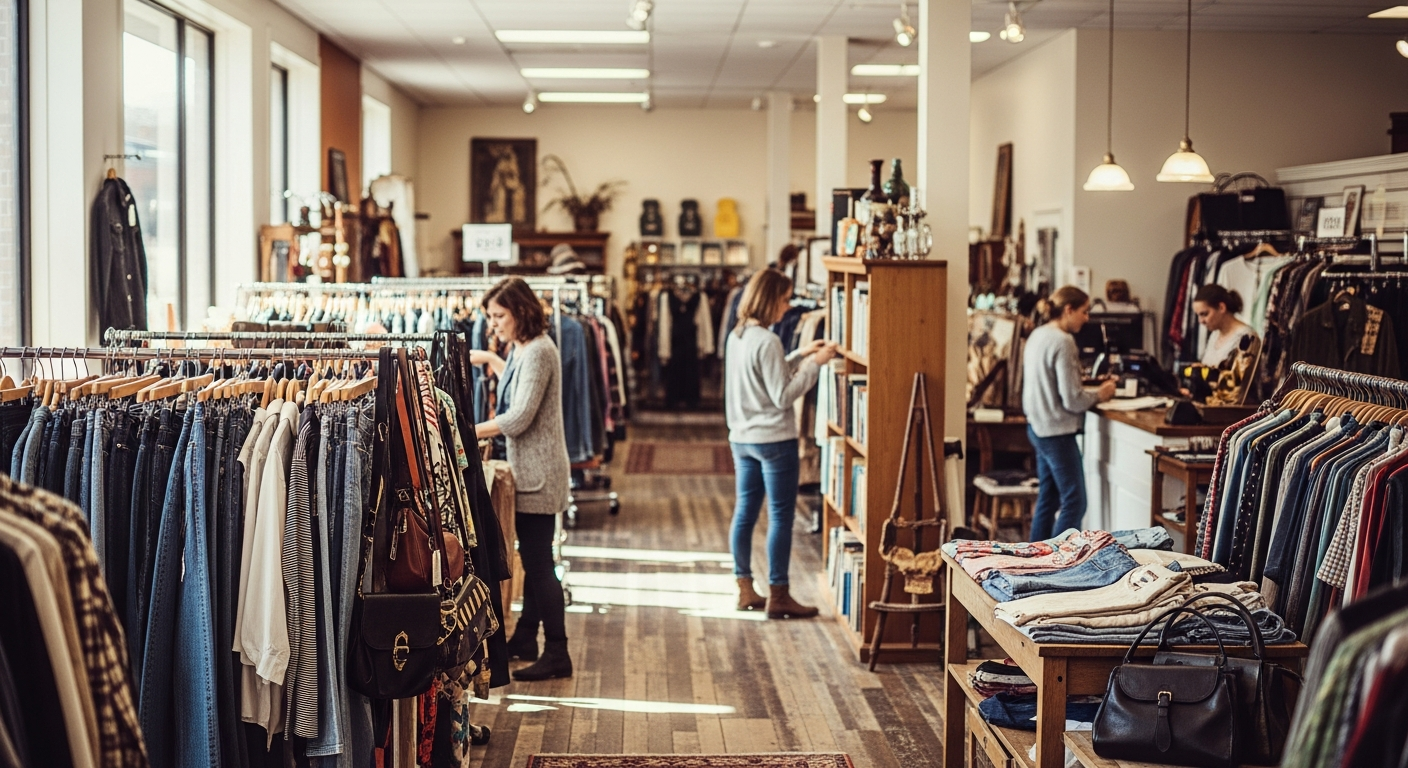Thrift store interior showing clothing racks and organization for how to start a thrift store