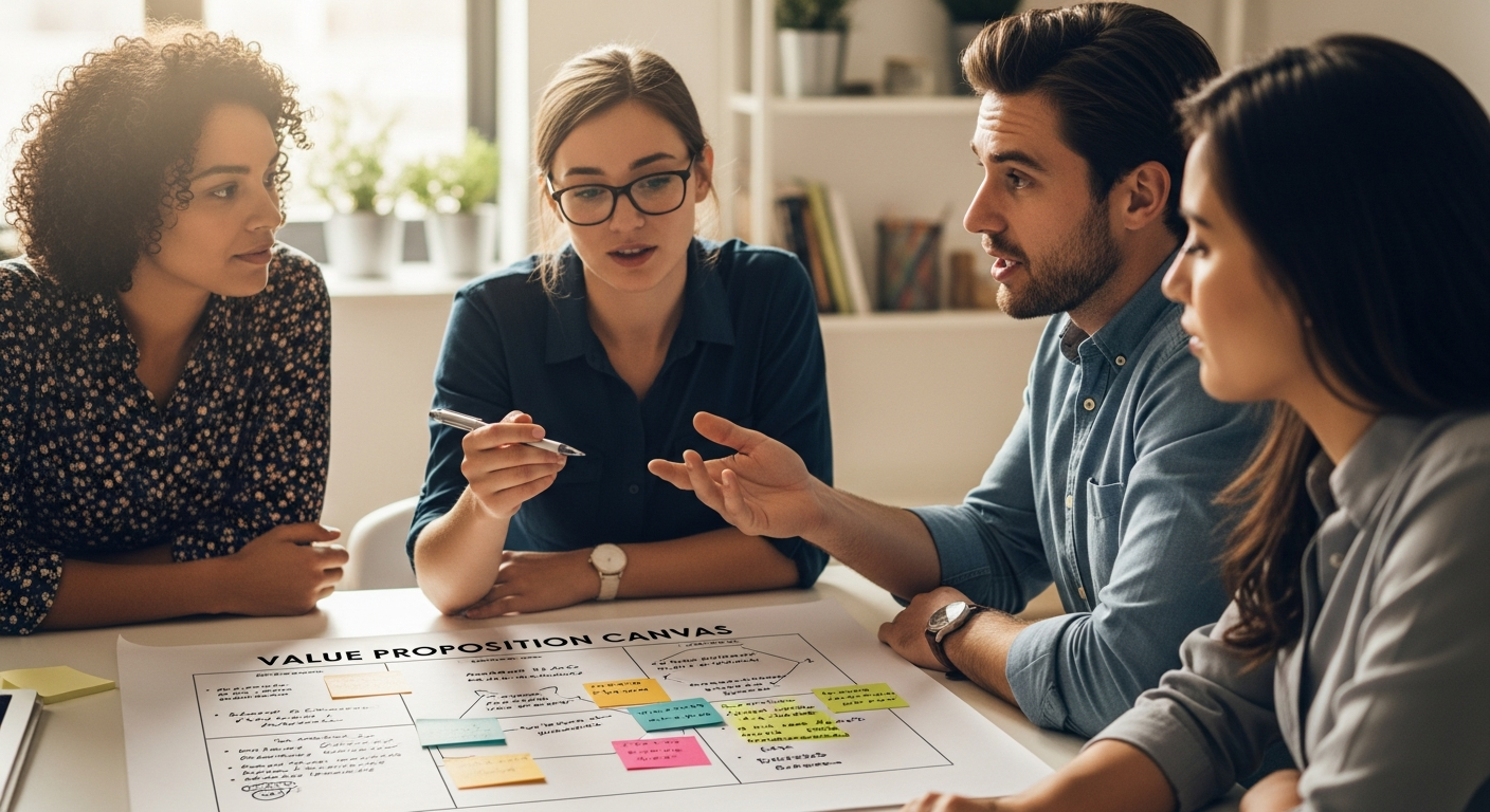 Value proposition canvas being used in a business strategy meeting